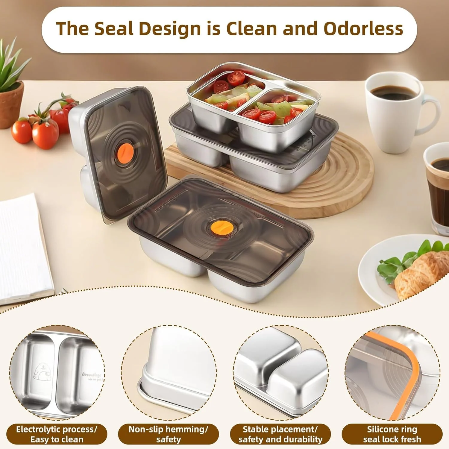 ست 2 عددی ظروف استیل آماده سازی غذا با درب های ضد نشت و هواگیر، طراحی تقسیم شده برای نگهداری در آشپزخانه، قابل استفاده در مایکروویو و فریزر، ایده آل برای ناهار، غذای باقیمانده و کنترل وعده (590 میلی لیتر)