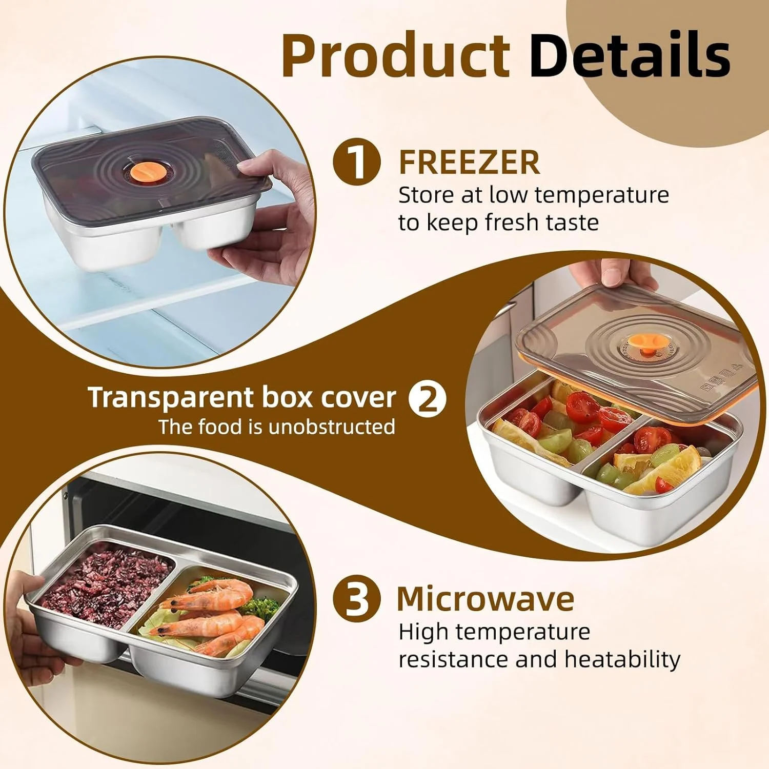 ست 2 عددی ظروف استیل آماده سازی غذا با درب های ضد نشت و هواگیر، طراحی تقسیم شده برای نگهداری در آشپزخانه، قابل استفاده در مایکروویو و فریزر، ایده آل برای ناهار، غذای باقیمانده و کنترل وعده (590 میلی لیتر)