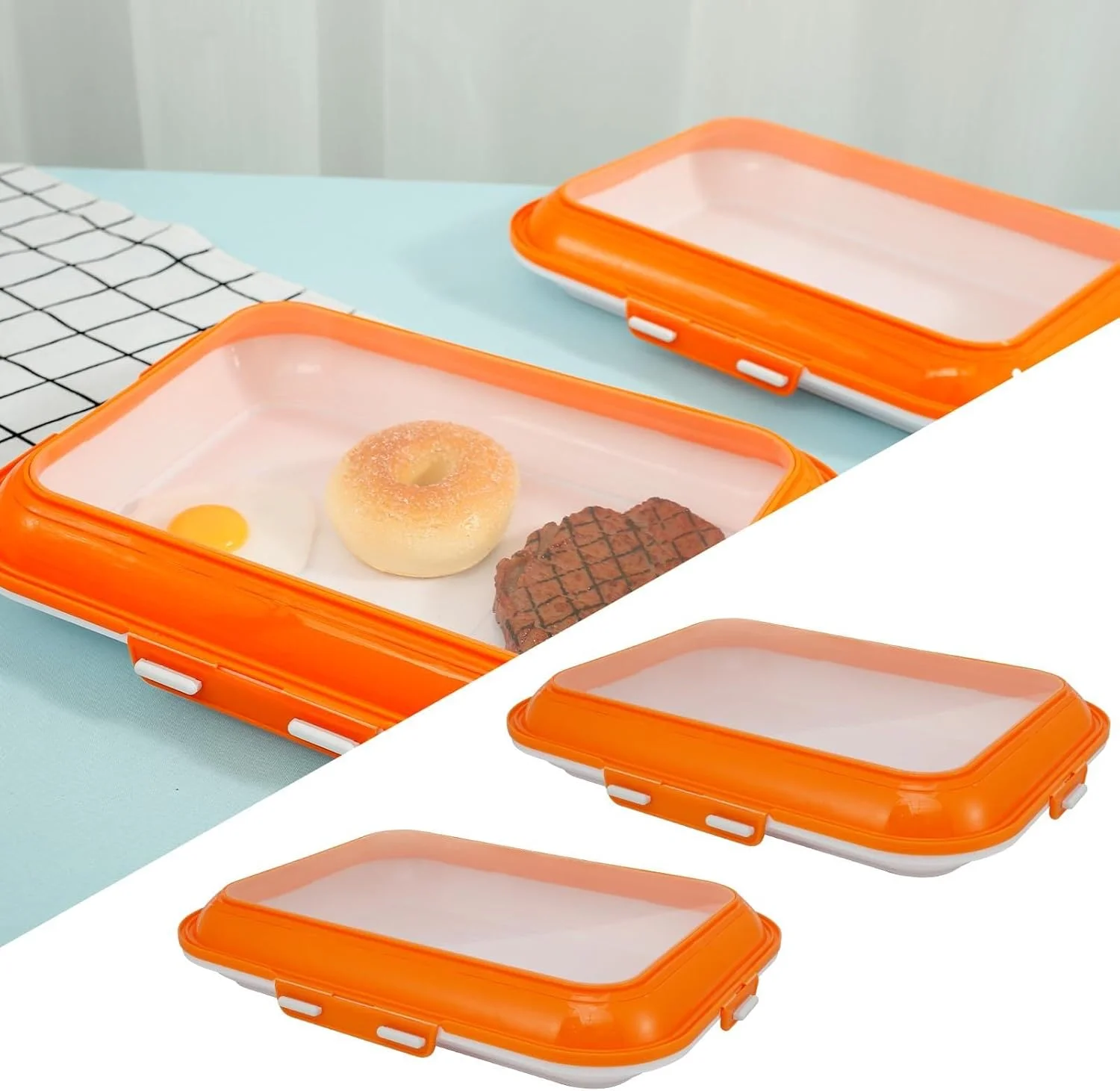 سینی نگهدارنده مواد غذایی درب دار دو عددی با درب های کششی وکیومی برگشت پذیر، ظروف آماده سازی غذا قابل استفاده مجدد و قابل چیدن برای نگهداری مواد غذایی، پیک نیک، مسافرت، سازماندهی آشپزخانه (نارنجی)