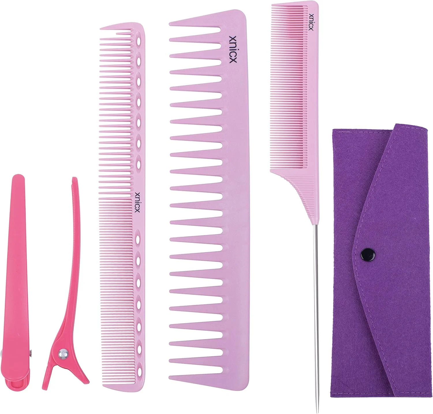 مجموعه شانه حالت دهنده 5 عددی صورتی xnicx مقاوم در برابر حرارت تا 180 درجه سانتیگراد شامل شانه دم موشی، شانه برش، شانه دندانه پهن برای حالت دادن، آرایش مو و سالن آرایشگری