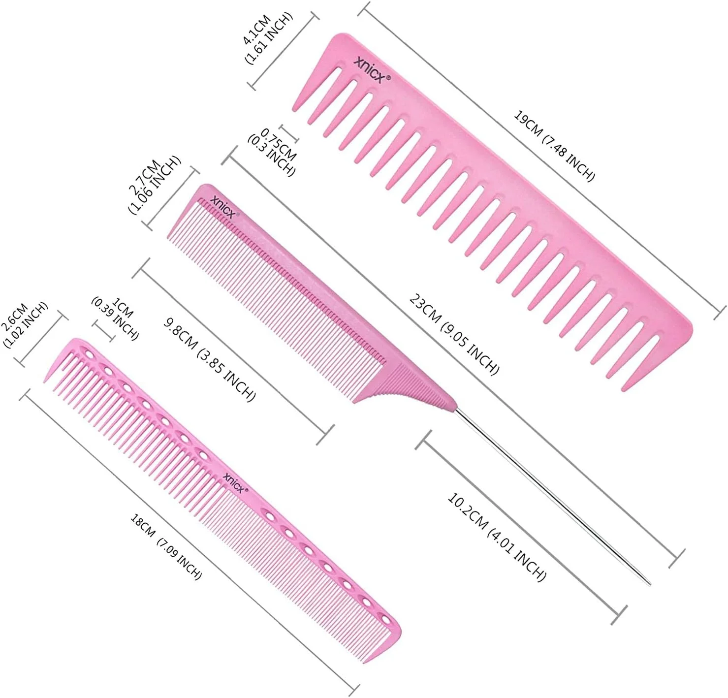 مجموعه شانه حالت دهنده 5 عددی صورتی xnicx مقاوم در برابر حرارت تا 180 درجه سانتیگراد شامل شانه دم موشی، شانه برش، شانه دندانه پهن برای حالت دادن، آرایش مو و سالن آرایشگری