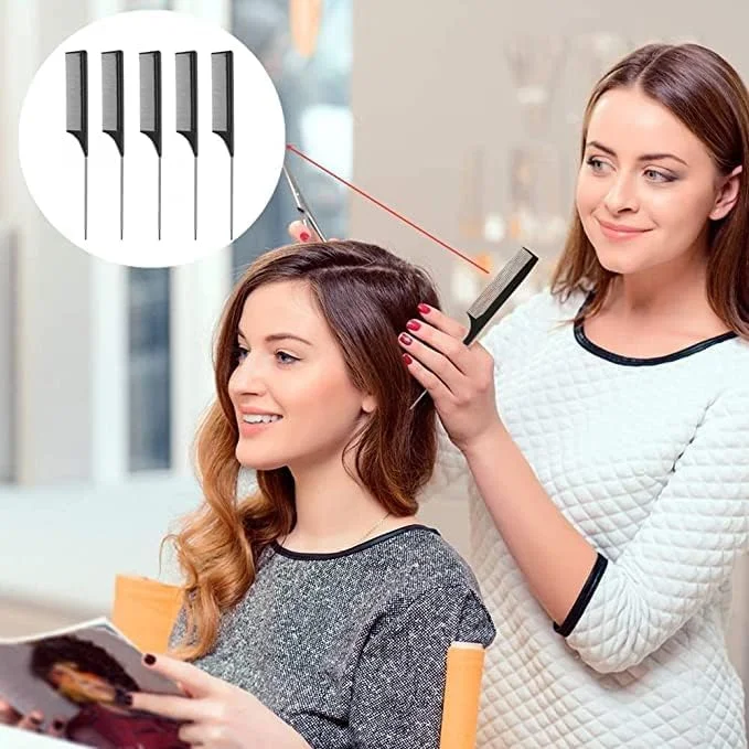 XIXILINRUIYUN شانه دم باریک 5 عددی، شانه پوش دهی فیبر کربنی، شانه دم موشی، شانه حالت دهنده برای آرایشگاه، شانه مو لوازم خانگی