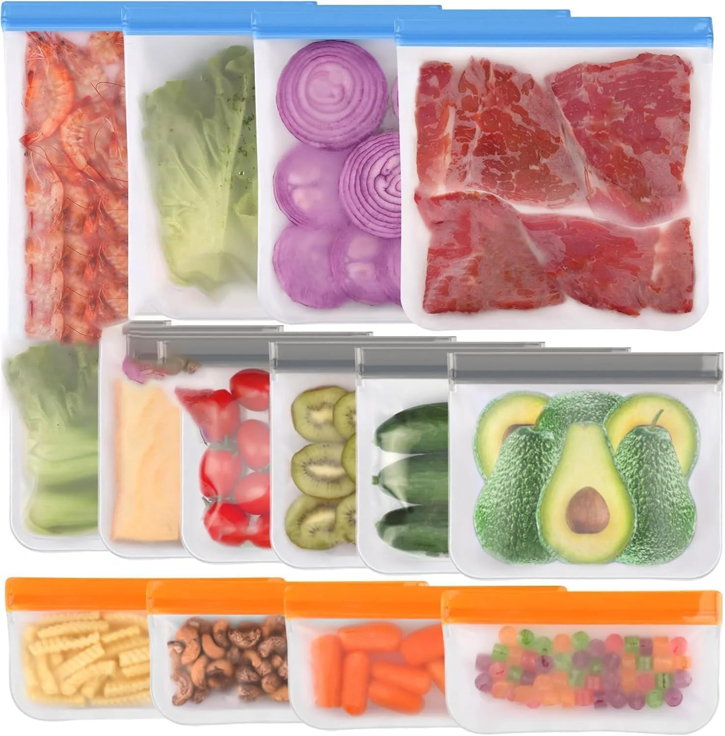 بسته 14 عددی کیسه های قابل استفاده مجدد YelaJoy، قابل شستشو در ماشین ظرفشویی، کیسه های فریزر قابل استفاده مجدد و ضد نشت، کیسه های نگهداری مواد غذایی بدون BPA برای ناهار، مرینیت کردن غذا و مسافرت - 4 کیسه بزرگ، 6 کیسه ساندویچ، 4 کیسه اسنک