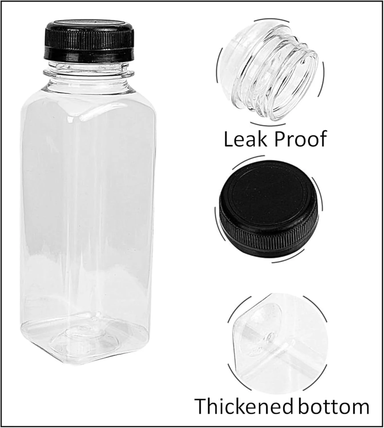 بطری های پلاستیکی خالی شفاف مربعی شکل قابل استفاده مجدد لاویش با درب مشکی برای آبمیوه، شیر، آب و موارد دیگر (200 میلی لیتر - بسته 8 عددی)