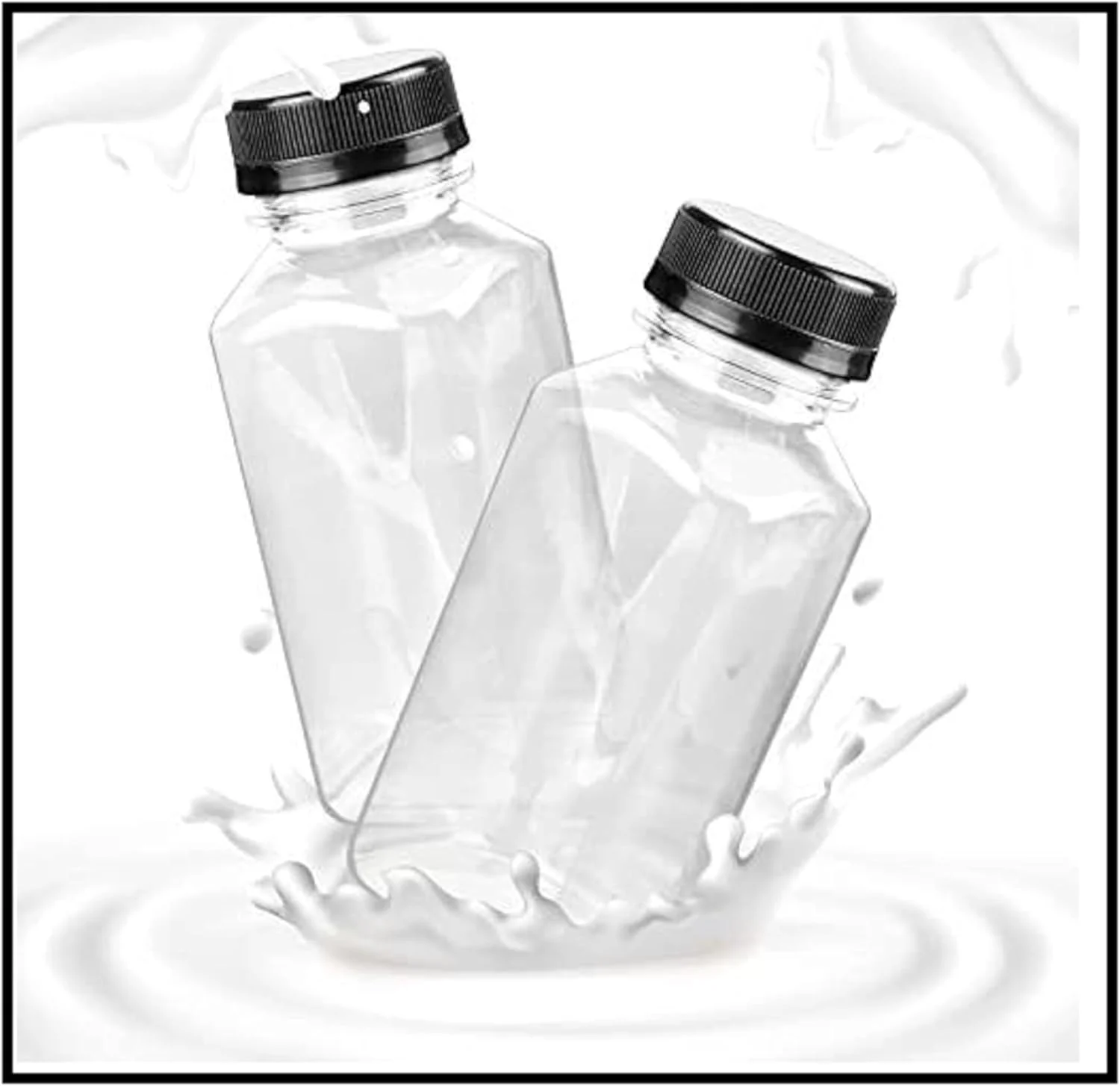 بطری های پلاستیکی خالی شفاف مربعی شکل قابل استفاده مجدد لاویش با درب مشکی برای آبمیوه، شیر، آب و موارد دیگر (200 میلی لیتر - بسته 8 عددی)