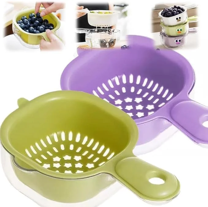 کاسه میوه شیشه ای دو لایه، کاسه های ذخیره سازی میوه شیشه ای، آبکش آشپزخانه با دسته، صافی شستشوی میوه پلاستیکی با کاسه های ذخیره سازی، ظروف قابل انباشت با طرح صورت اردک، (سبز)