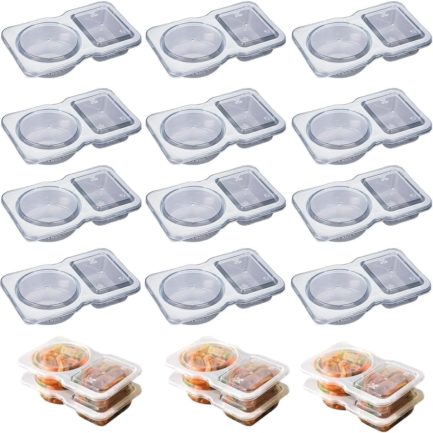 جعبه اسنک با محفظه، ظروف اسنک قابل استفاده مجدد 2 محفظه، 30 عدد ظرف اسنک، ظروف چاشنی ضد نشت با درب، ظروف بسته بندی اسنک قابل حمل، ظروف اسنک شفاف با قسمت سس