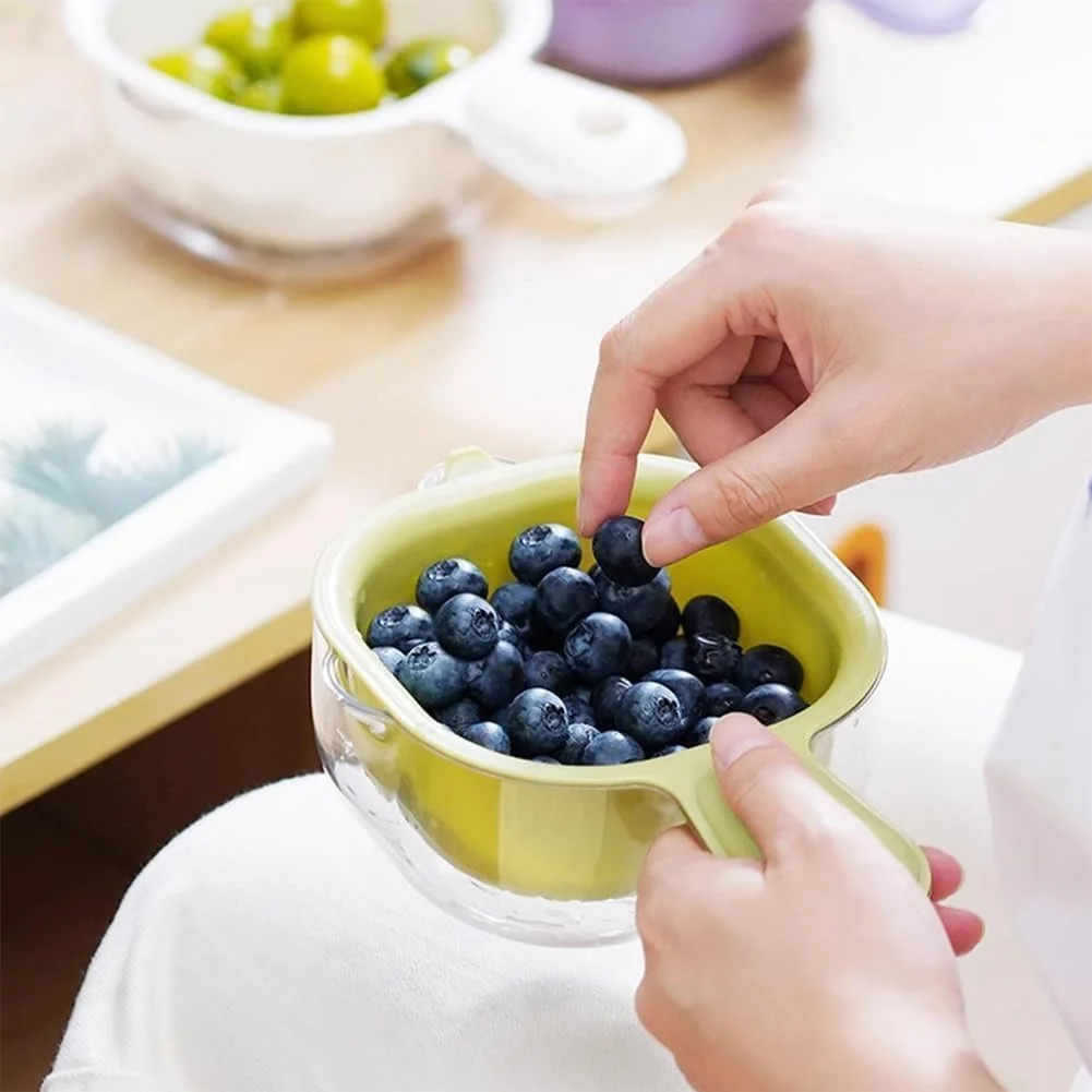 کاسه میوه شیشه ای دو لایه، کاسه های ذخیره سازی میوه شیشه ای، آبکش آشپزخانه با دسته، صافی شستشوی میوه پلاستیکی با کاسه های ذخیره سازی، ظروف قابل انباشت با طرح صورت اردک، (سبز)