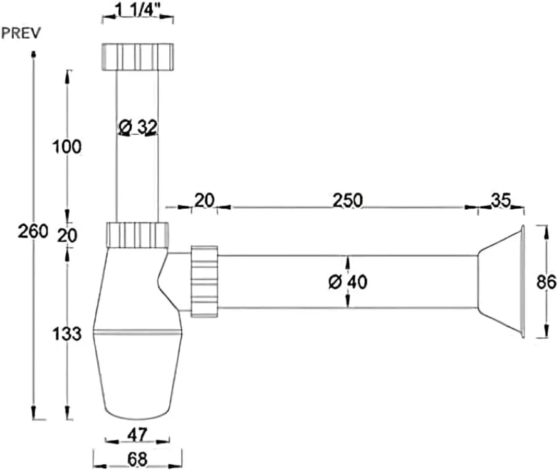 سیفون بطری PVC سینک حمام Biella - لوله ورودی 1-1/4 اینچی و لوله تخلیه برای روشویی - سفید