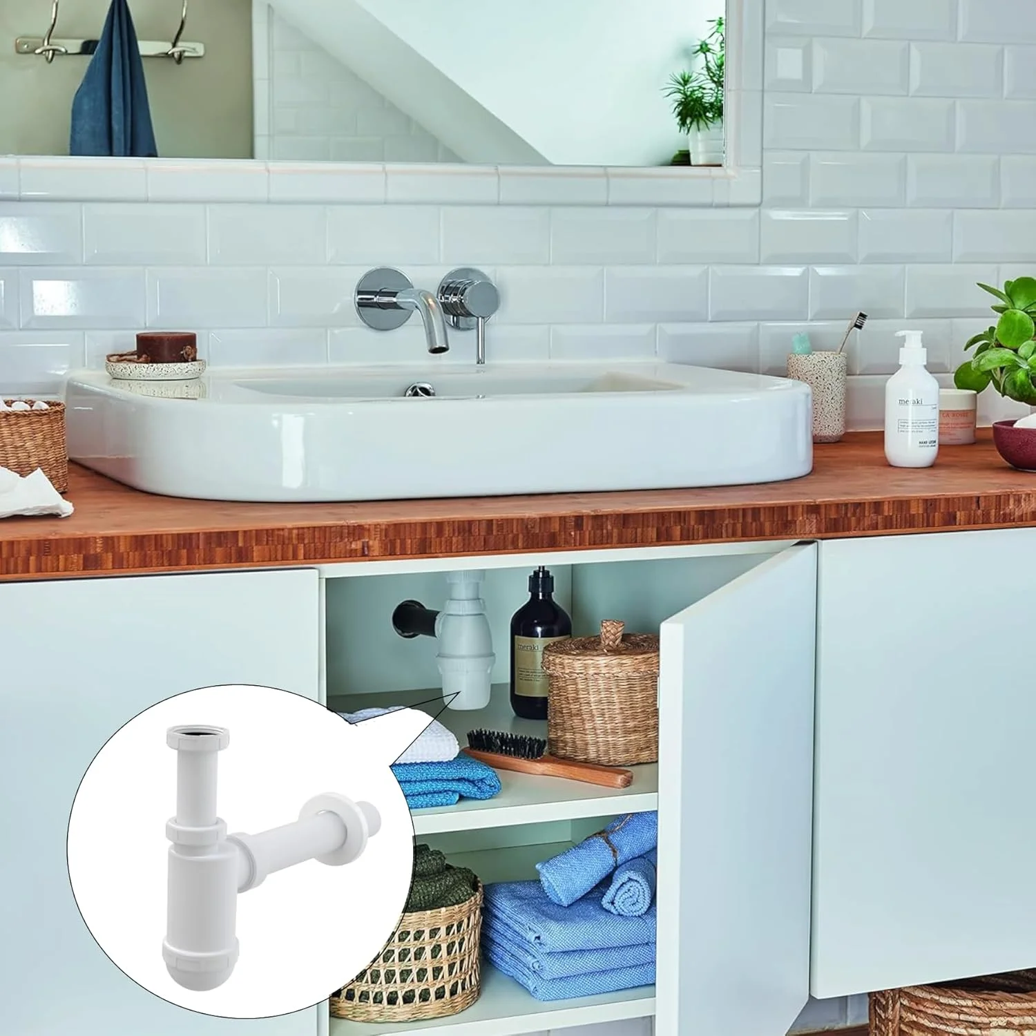 سیفون بطری PVC سینک حمام Biella - لوله ورودی 1-1/4 اینچی و لوله تخلیه برای روشویی - سفید