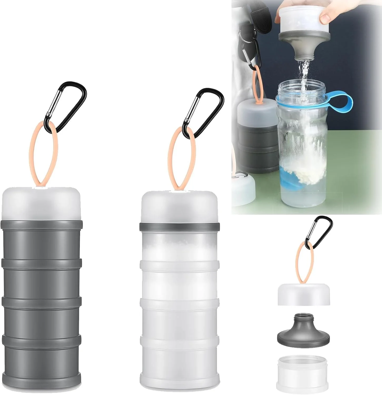 بوکلا 2 عدد ظرف پودر پروتئین قابل حمل برای مواد غذایی، دیسپنسر قابل انباشت ضد نشت با پایه قیف، محفظه نگهداری مکمل قابل حمل و بدون هوا برای تمرین، باشگاه، مسافرت و تناسب اندام (خاکستری و سفید)