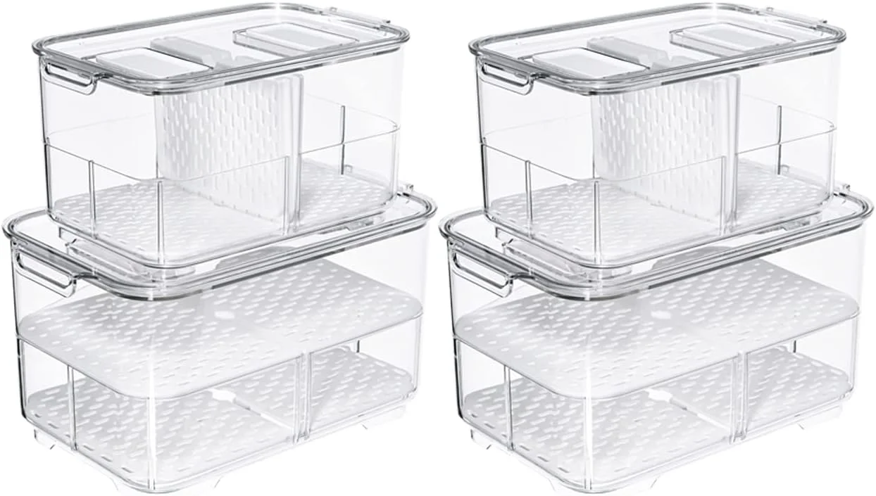 ظروف نگهداری میوه و سبزیجات یخچال SANNO، سازمان دهنده مواد غذایی، ظروف قابل چیدن، سطل های سازمان دهنده کشوهای نگهدارنده تازه، مجموعه 4 عددی