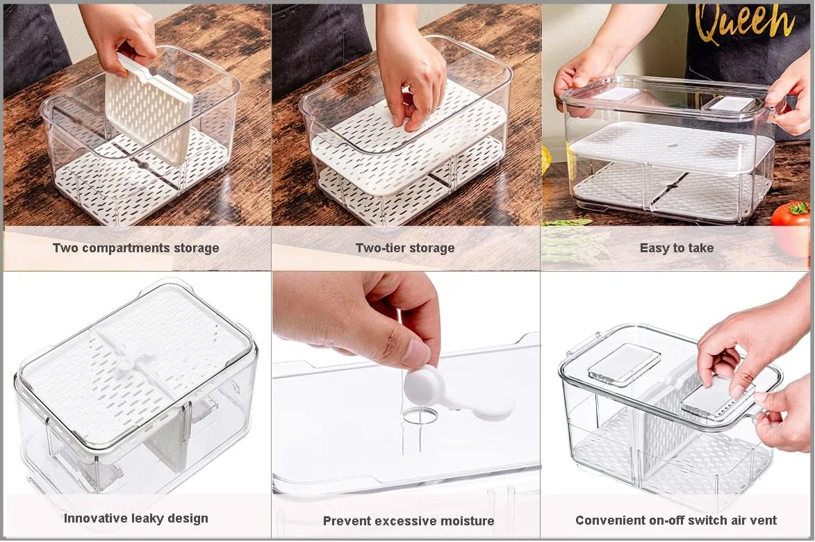 ظروف نگهداری میوه و سبزیجات یخچال SANNO، سازمان دهنده مواد غذایی، ظروف قابل چیدن، سطل های سازمان دهنده کشوهای نگهدارنده تازه، مجموعه 4 عددی