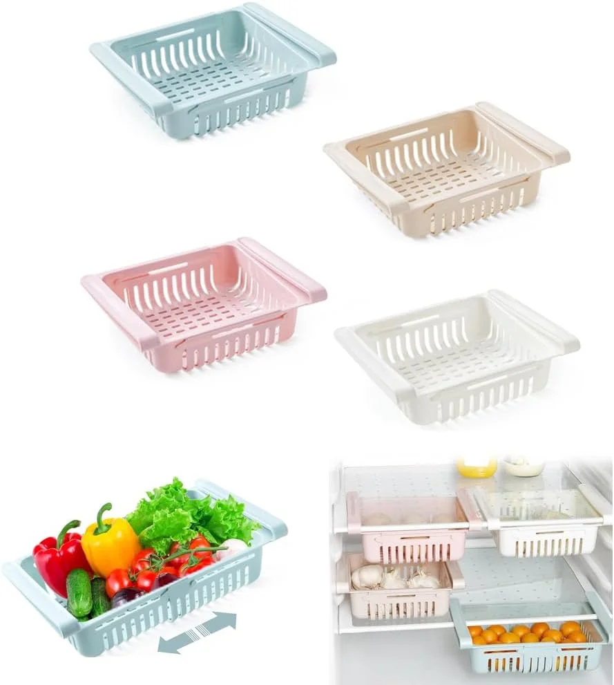بسته 4 عددی سبد ذخیره سازی یخچال قابل گسترش SYOSI، سازمان دهنده کشو یخچال، جداکننده قفسه کشویی برای تخم مرغ و سبزیجات، راه حل های ذخیره سازی آشپزخانه برای سازماندهی آسان