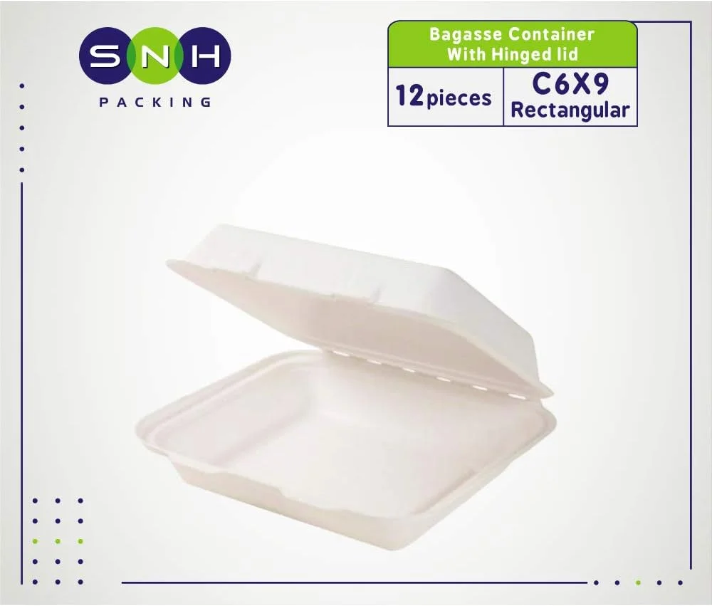 ظرف باگاس سازگار با محیط زیست با درب لولایی 6 در 9 یکبار مصرف سازگار با محیط زیست، جعبه های ظرف مایکروویو مناسب برای رستوران، ناهار بیرون بر، نگهداری مواد غذایی - 12 عدد