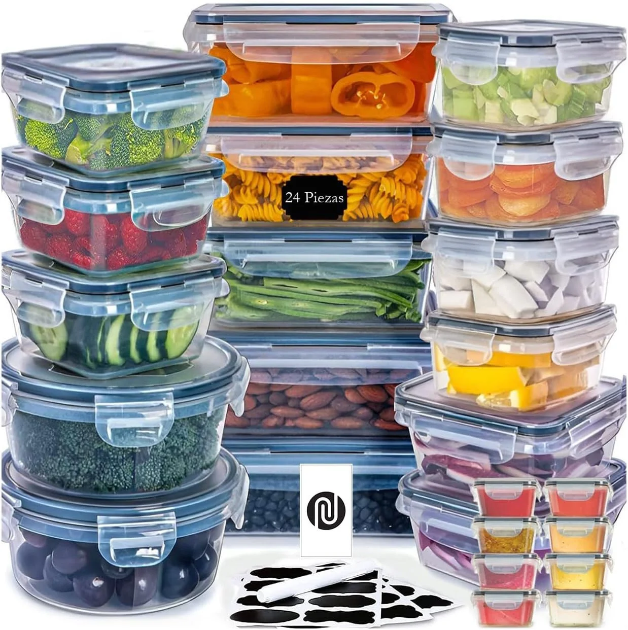 ست 24 تکه ظروف نگهداری مواد غذایی بدون درز - پلاستیک PP بدون BPA، قفل فشاری و مهر و موم سیلیکونی، قابل استفاده در مایکروویو و فریزر، ضد نشت برای نگهداری غلات، میوه ها، آب میوه ها - چند سایز
