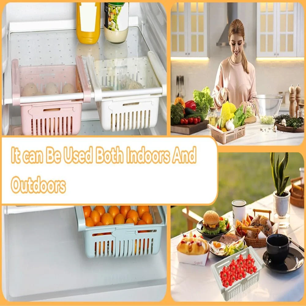 بسته 4 عددی سبد ذخیره سازی یخچال قابل گسترش SYOSI، سازمان دهنده کشو یخچال، جداکننده قفسه کشویی برای تخم مرغ و سبزیجات، راه حل های ذخیره سازی آشپزخانه برای سازماندهی آسان