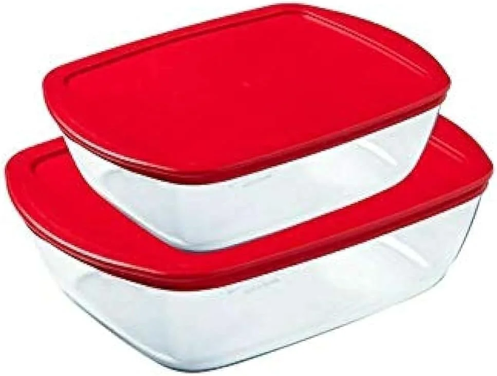 ظرف شیشه ای مستطیلی پیرکس مناسب مایکروویو با درب پلاستیکی قرمز، ست 2 عددی، 913S224
