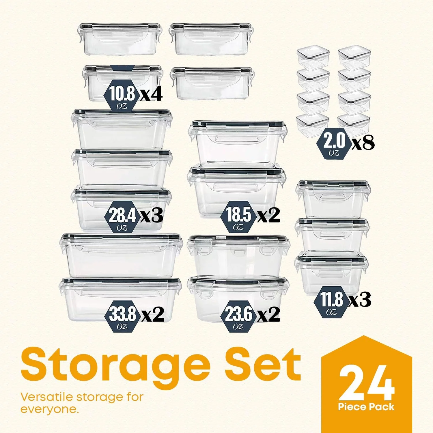 ست 24 تکه ظروف نگهداری مواد غذایی بدون درز - پلاستیک PP بدون BPA، قفل فشاری و مهر و موم سیلیکونی، قابل استفاده در مایکروویو و فریزر، ضد نشت برای نگهداری غلات، میوه ها، آب میوه ها - چند سایز