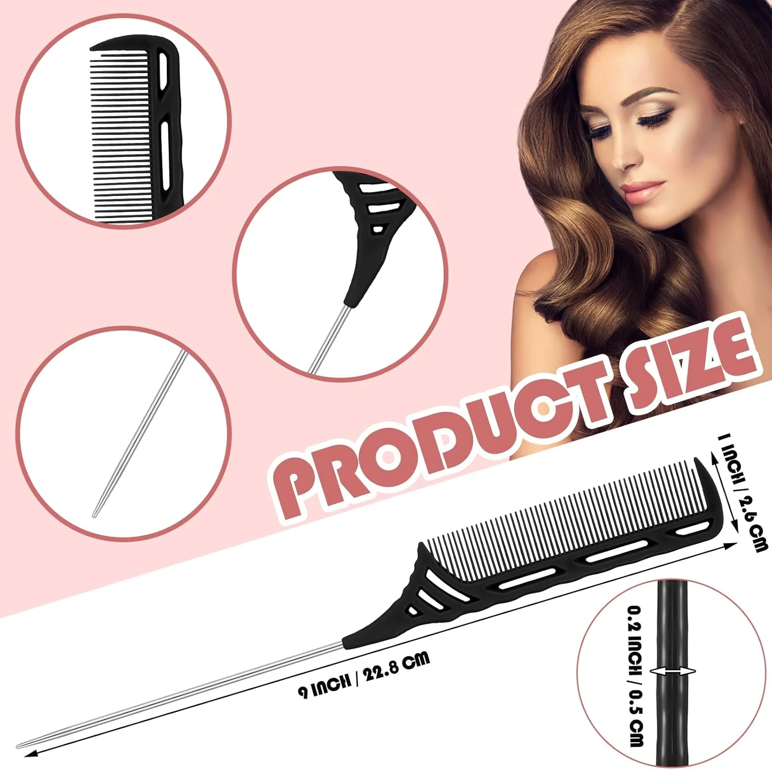 شانه بافت مو یوانده، 12 عددی، شانه دم موشی 9 اینچی با پین استیل، مقاوم در برابر حرارت، شانه تقسیم کننده مو برای آرایشگران حرفه ای، بافت و هایلایت مو