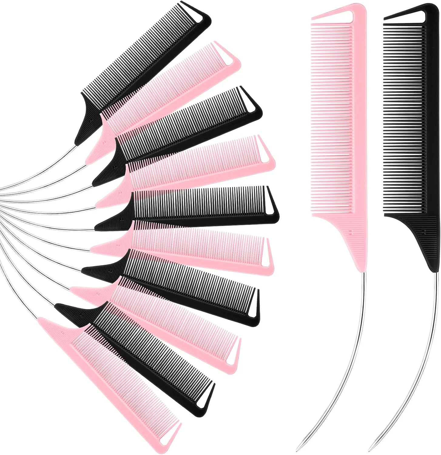 مجموعه 12 عددی شانه دم موشی منحنی Yoande، شانه های دم موشی نوک تیز، شانه پوش دهنده با دندانه های ظریف، ابزار حالت دهی مو، شانه سوزنی فولادی آرایشگری برای فرق باز کردن عمیق، مناسب بانوان و دختران (صورتی، مشکی)