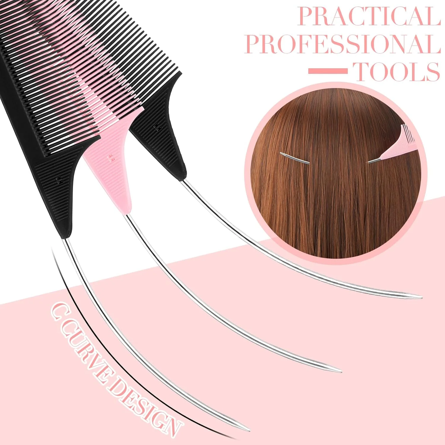 مجموعه 12 عددی شانه دم موشی منحنی Yoande، شانه های دم موشی نوک تیز، شانه پوش دهنده با دندانه های ظریف، ابزار حالت دهی مو، شانه سوزنی فولادی آرایشگری برای فرق باز کردن عمیق، مناسب بانوان و دختران (صورتی، مشکی)