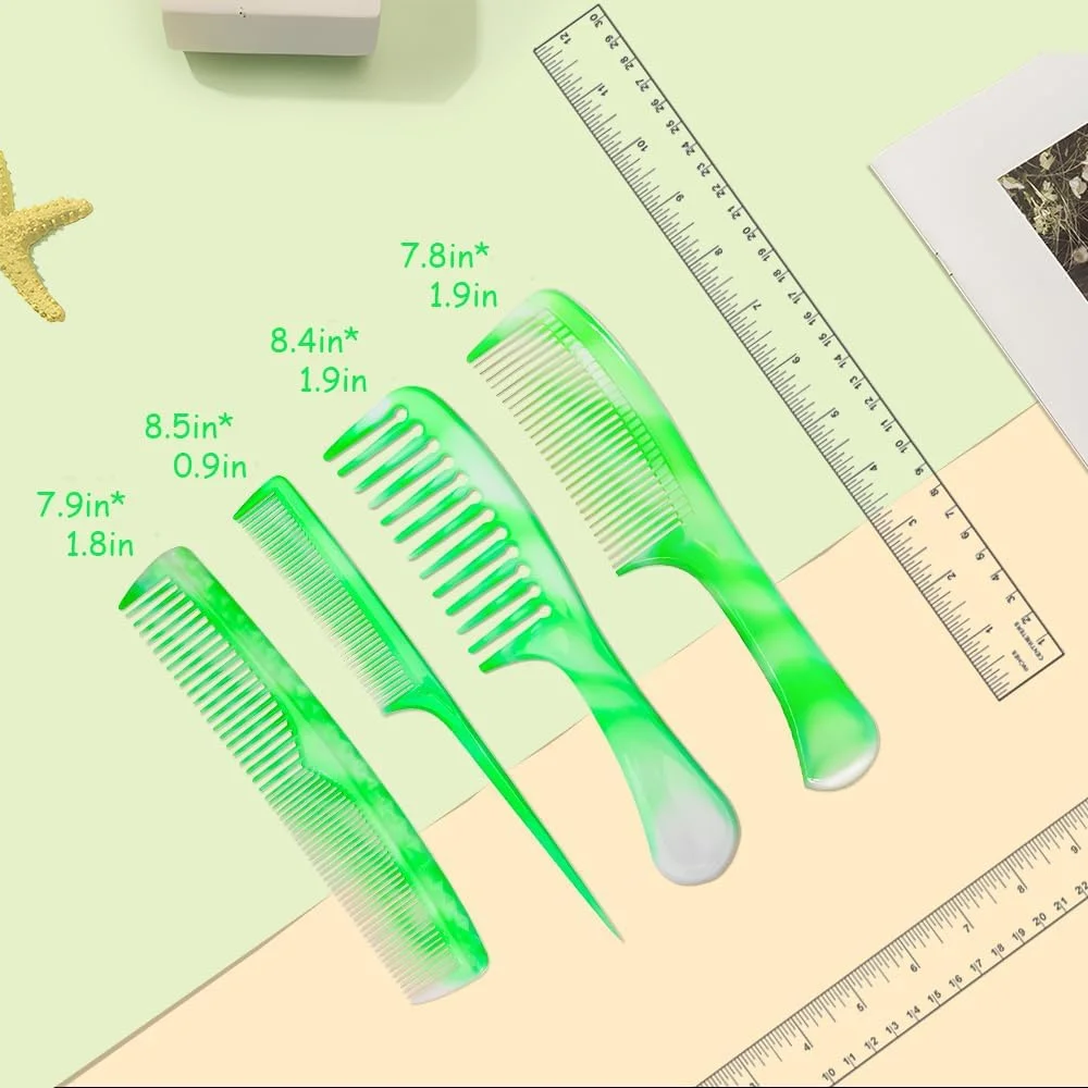 ست شانه مو سبز برای زنان و مردان - 4 در 1 شامل شانه دندانه پهن، شانه دندانه ریز، شانه دم موشی و شانه دو طرفه حالت دهنده - ابزارهای باز کردن گره، حالت دادن و جدا کردن مو برای موهای فر، خیس و ضخیم - مناسب برای سفر و استفاده در خانه