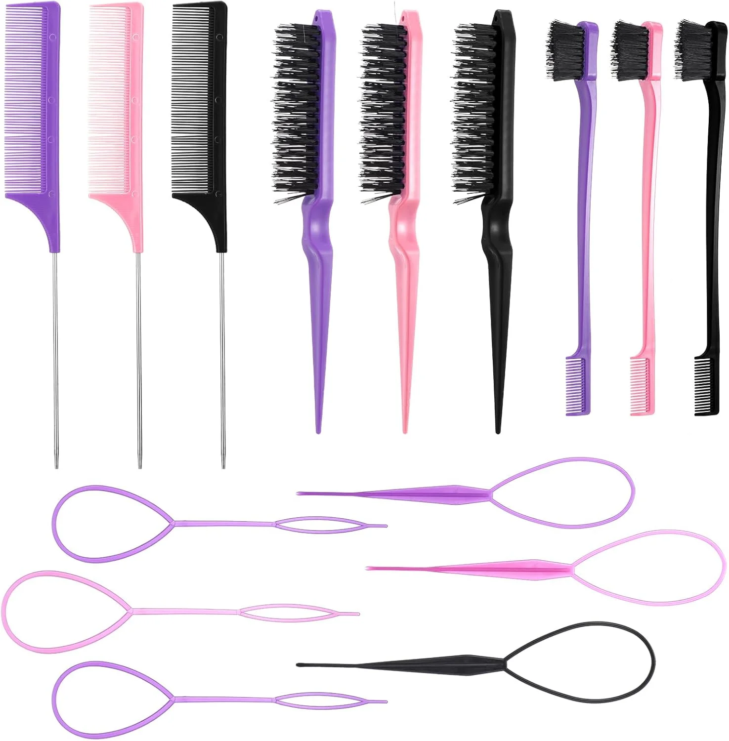 ست شانه حالت دهنده مو YBEATY شامل 15 قطعه، شامل 1 برس پوش دهنده سه تایی، 1 برس کنترل لبه، 1 شانه دم موشی، حلقه های بافت مو برای زنان و دختران، لبه صورتی موی پشت