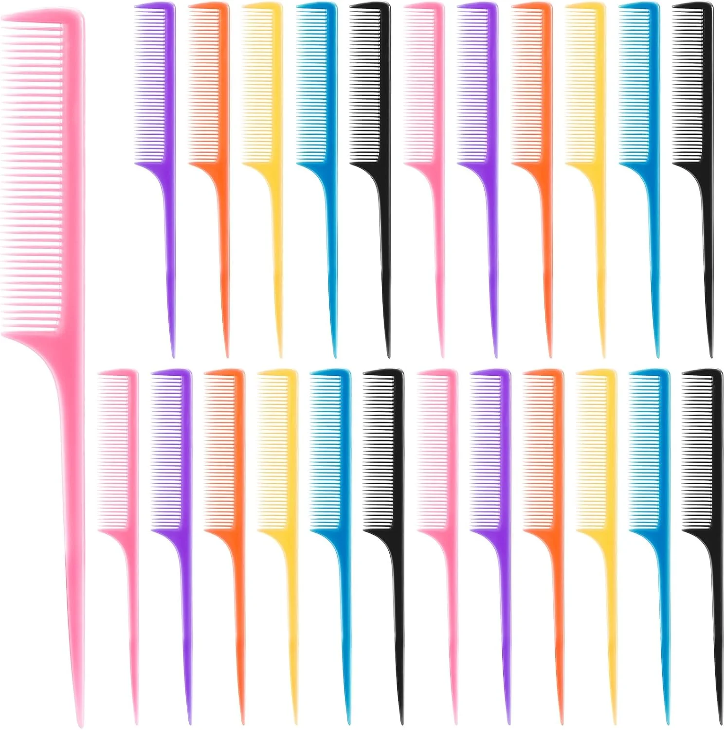 شانه های دم موشی پلاستیکی Yaomiao، شانه دم سوزنی، شانه پوش دهنده، شانه کربنی، شانه های حالت دهنده 8.5 اینچی با دسته نازک و بلند، رنگ های متنوع (24 عدد)