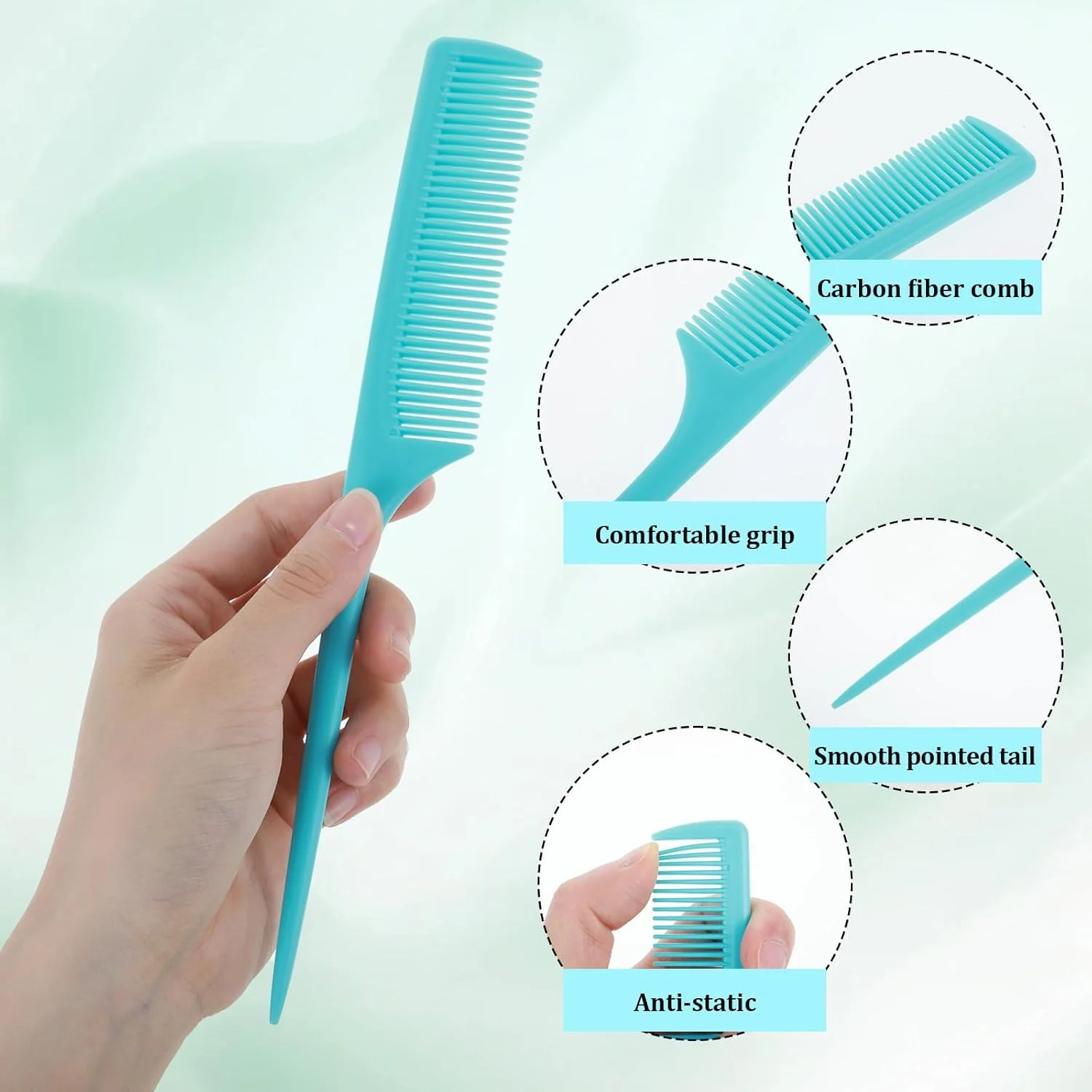 مجموعه 4 عددی شانه Xindojuz با نوک جداکننده، شانه‌های دم موشی برای زنان، شانه ریشه موی فیبر کربنی ضد الکتریسیته ساکن با دندانه های ظریف به همراه پیک، شانه‌های جداکننده و حالت دهنده موی پلاستیکی عمده برای زنان و مردان (آبی، قرمز)