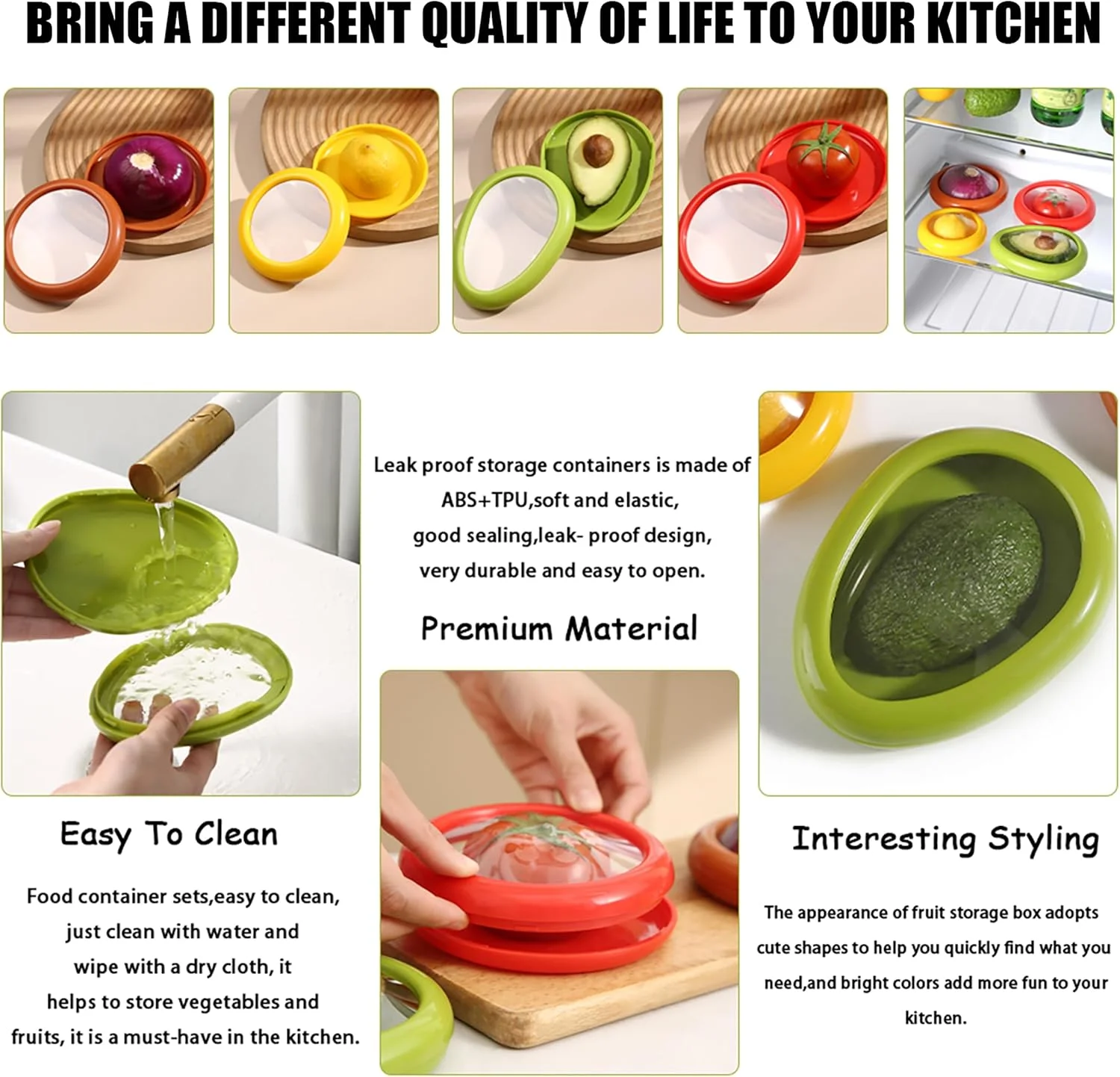 ست 4 عددی محفظه کشسان Aohellfe برای نگهداری آووکادو، پیاز، لیمو و گوجه فرنگی، محافظ سیلیکونی قابل استفاده مجدد مواد غذایی، ظرف نگهداری کشسان آووکادو، جعبه نگهداری مواد غذایی میوه و سبزیجات