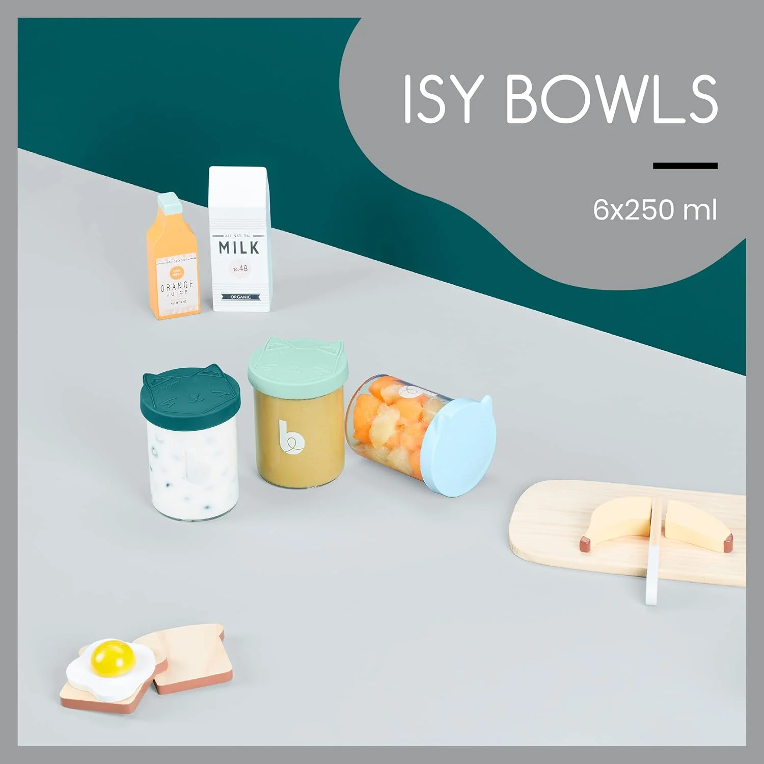 ظروف غذای کودک Babymoov ISY BOWLS - ست 6 عددی 250 میلی لیتری از جنس شیشه بوروسیلیکات با کیفیت عالی | شیشه های کوچک با درب های محکم