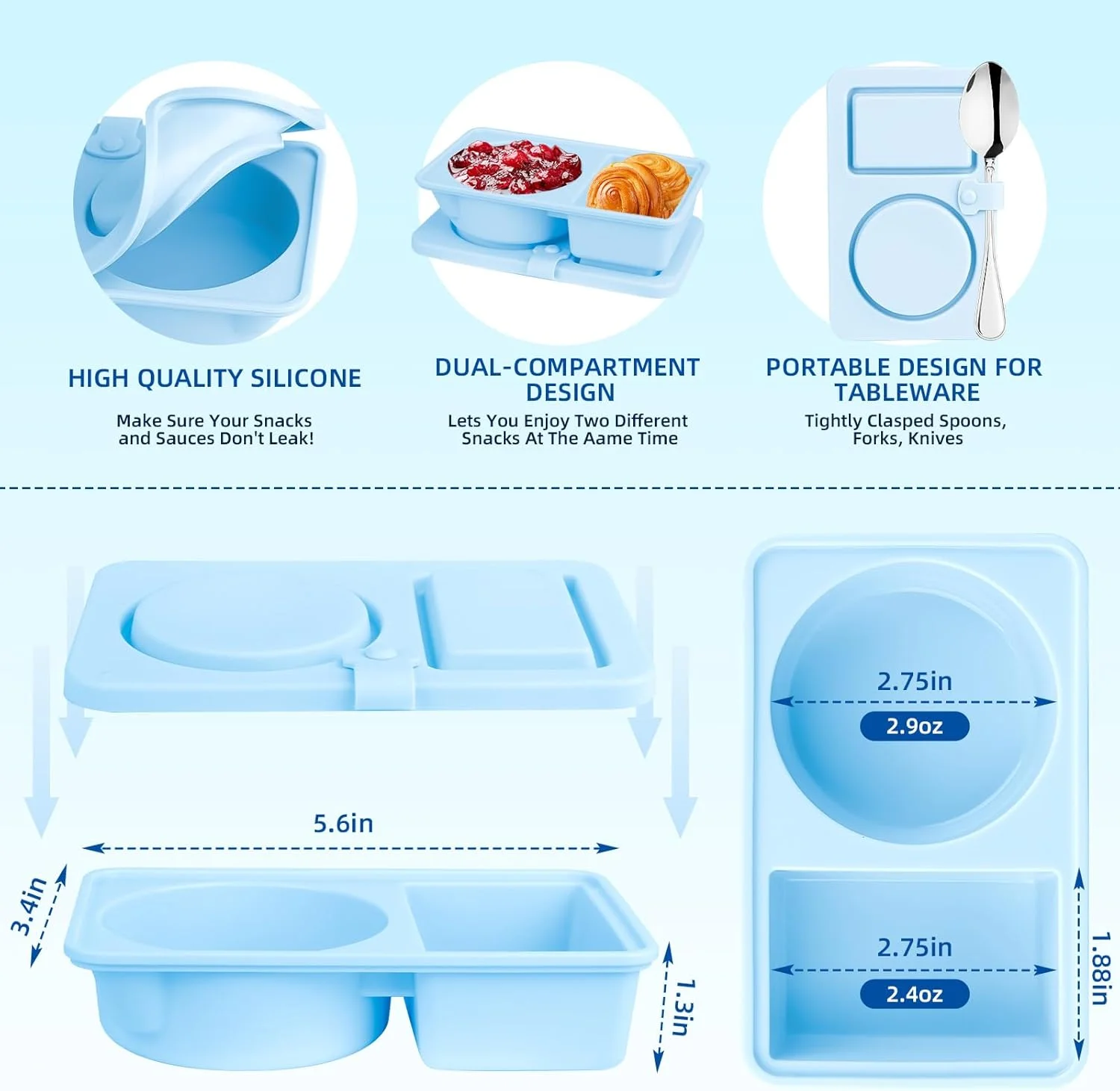بسته 3 عددی ظروف سیلیکونی قابل استفاده مجدد برای اسنک با درب، ظروف اسنک باکس دو محفظه ای، ظرف سس چاشنی سالاد، جعبه های کوچک مینی اسنک غذا برای مسافرت، دفتر، پیک نیک