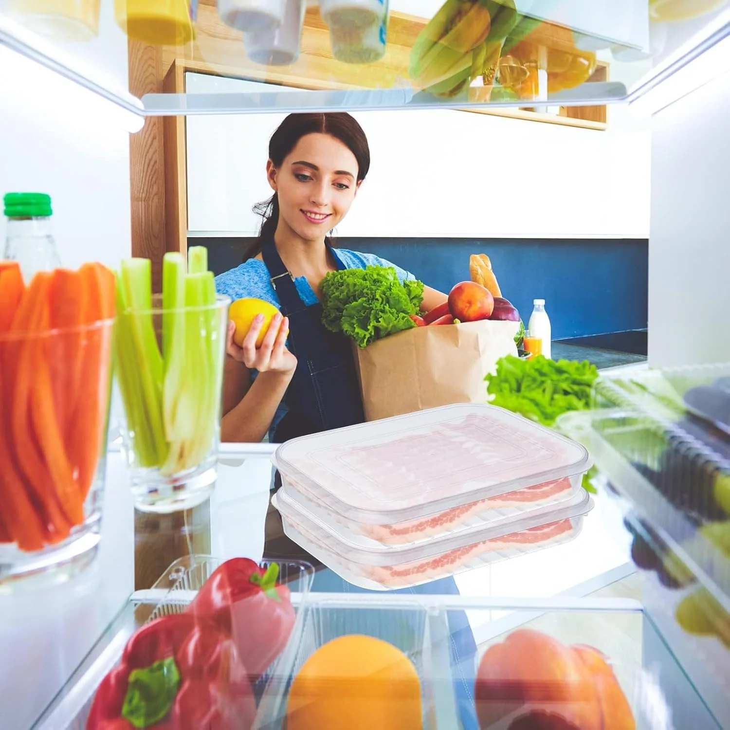 ظروف نگهداری مواد غذایی خزنا، بسته 4 عددی، سازمان دهنده یخچال با درب، مناسب نگهداری میوه، سبزیجات، گوشت، پنیر و سینی مرینیت، قابل چیدن در فریزر، بدون BPA