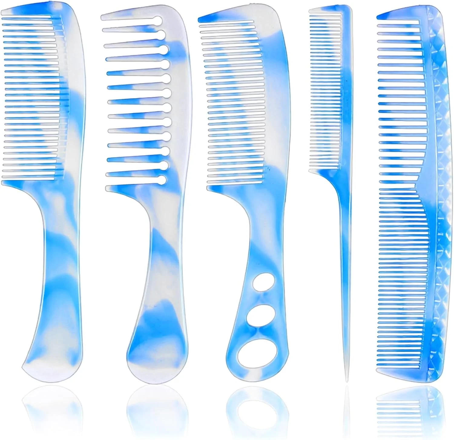 مجموعه 5 عددی شانه مو وانمو آبی، فیبر کربن ممتاز، دندانه پهن، دندانه ریز، دم موشی، برای پوش دادن و جدا کردن مو، شانه‌های حرفه‌ای برای آرایشگر مو و دختران
