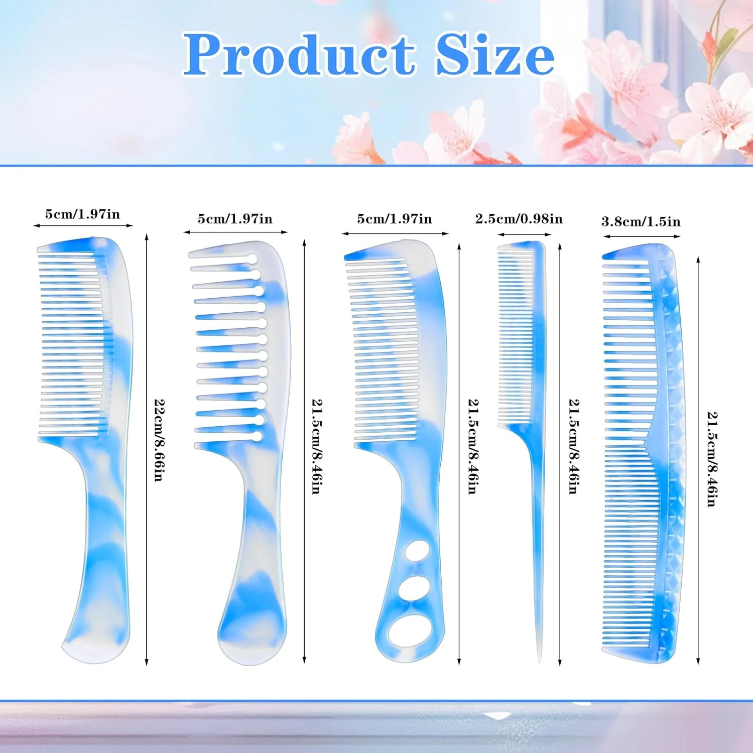 مجموعه 5 عددی شانه مو وانمو آبی، فیبر کربن ممتاز، دندانه پهن، دندانه ریز، دم موشی، برای پوش دادن و جدا کردن مو، شانه‌های حرفه‌ای برای آرایشگر مو و دختران