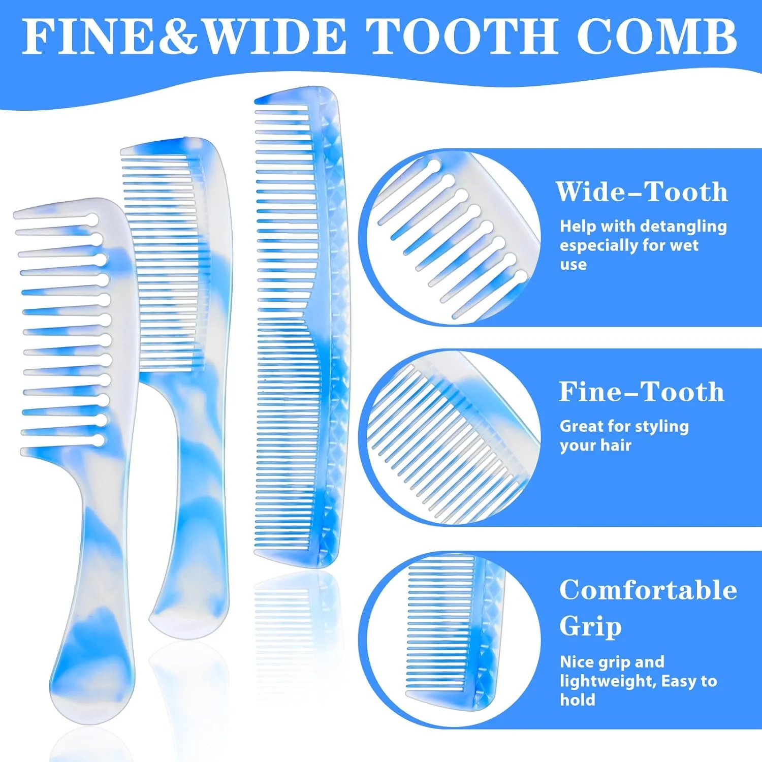 مجموعه 5 عددی شانه مو وانمو آبی، فیبر کربن ممتاز، دندانه پهن، دندانه ریز، دم موشی، برای پوش دادن و جدا کردن مو، شانه‌های حرفه‌ای برای آرایشگر مو و دختران
