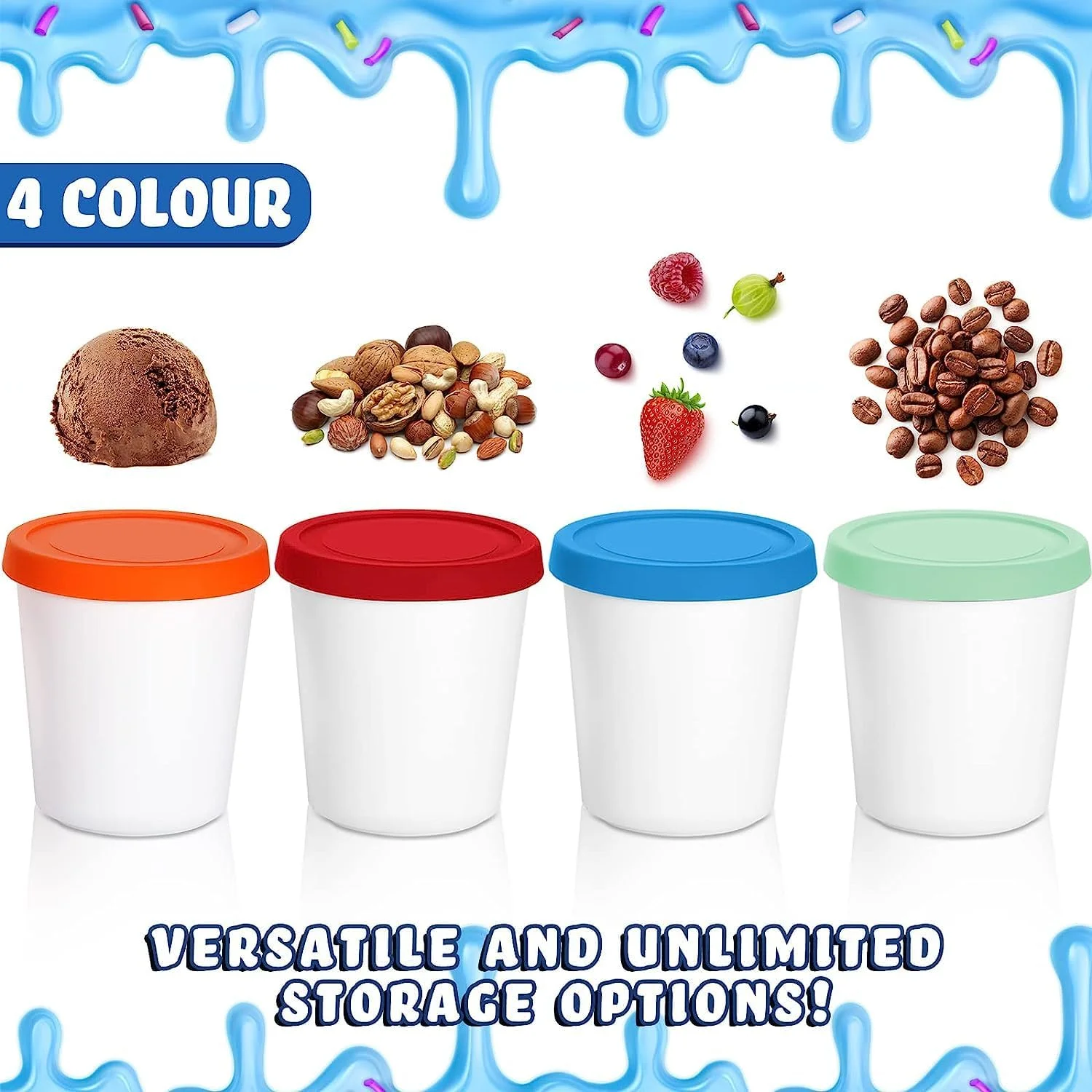 ظروف بستنی NALACAL، ظروف گرد نگهداری در فریزر با درب سیلیکونی و قاشق، برای بستنی خانگی (آبی، قرمز، سبز، نارنجی)