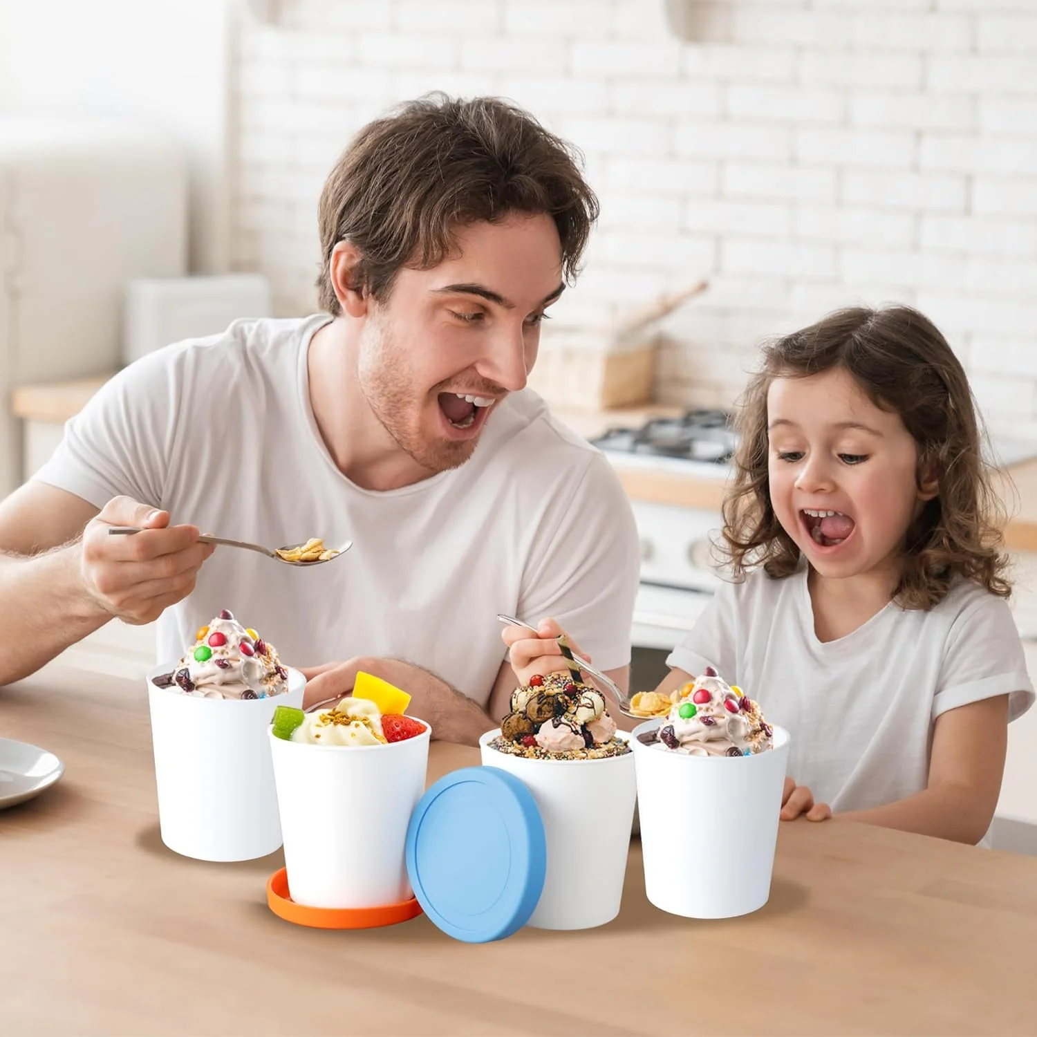 ظروف بستنی NALACAL، ظروف گرد نگهداری در فریزر با درب سیلیکونی و قاشق، برای بستنی خانگی (آبی، قرمز، سبز، نارنجی)