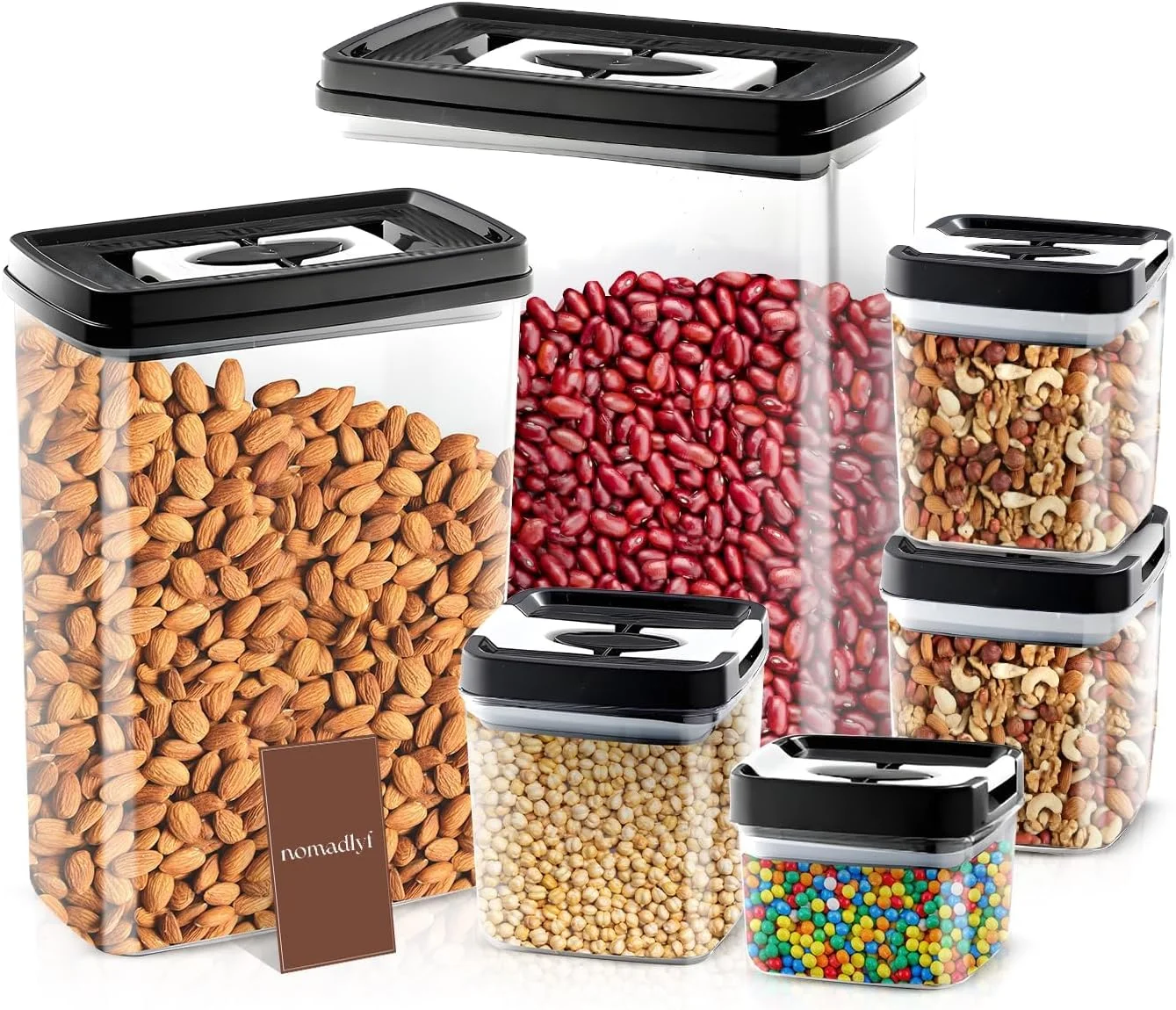 ست 6 تکه ظروف نگهداری مواد غذایی درب دار nomadlyf | ظروف پلاستیکی آشپزخانه با درب | 5000 میلی لیتر، 3000 میلی لیتر، 620 میلی لیتر، 2 عدد 300 میلی لیتر، 180 میلی لیتر | ایده آل برای مواد غذایی خشک، تنقلات، غلات و انبار | F