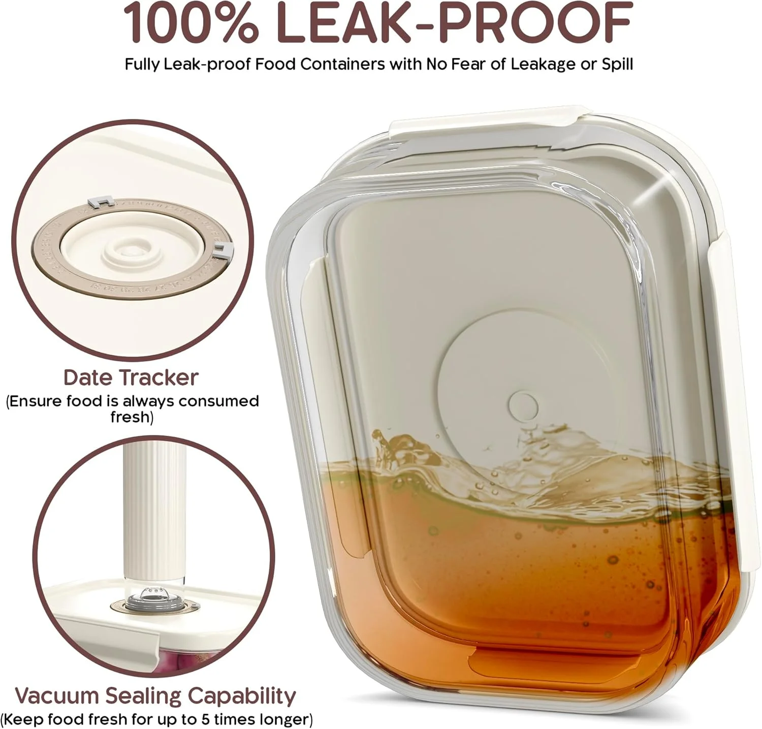 ظروف آماده سازی غذا شیشه ای 1040 میلی لیتری Unique Impression، بسته 5 عددی با نشانگر تاریخ و پمپ - ظروف درب دار و بدون هوا - ظروف نگهداری غذا شیشه ای، قابل استفاده در فر، مایکروویو و فریزر - ضد نشت