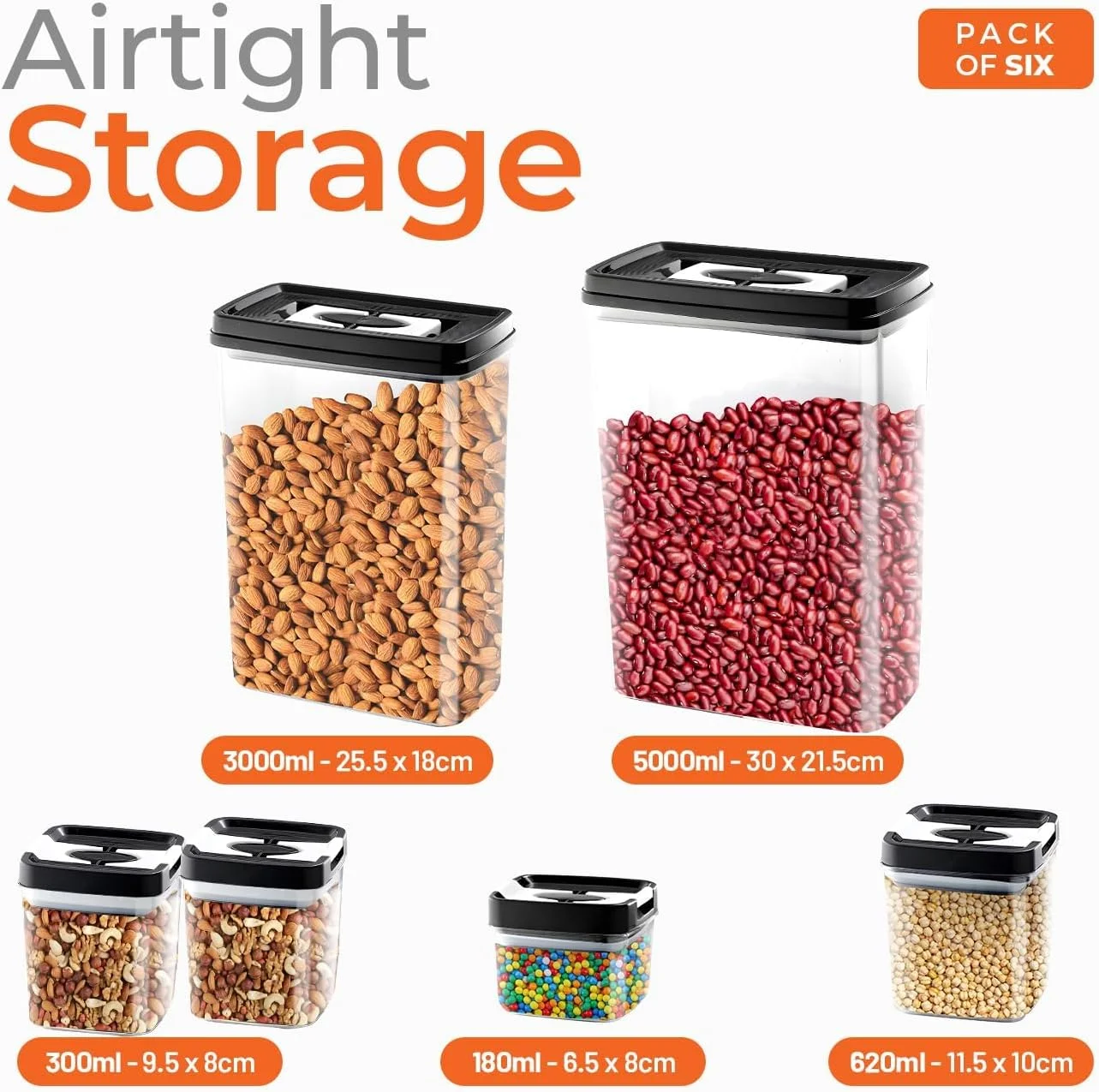 ست 6 تکه ظروف نگهداری مواد غذایی درب دار nomadlyf | ظروف پلاستیکی آشپزخانه با درب | 5000 میلی لیتر، 3000 میلی لیتر، 620 میلی لیتر، 2 عدد 300 میلی لیتر، 180 میلی لیتر | ایده آل برای مواد غذایی خشک، تنقلات، غلات و انبار | F