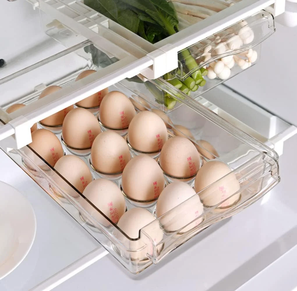 سازمان دهنده تخم مرغ کشویی یخچال NP با فضای ذخیره سازی قابل تنظیم، 2 بسته جعبه های ذخیره سازی کشو یخچال، سطل های سازمان دهنده کشو یخچال کشویی مناسب برای قفسه یخچال زیر 1.5 سانتی متر (مدل 2)