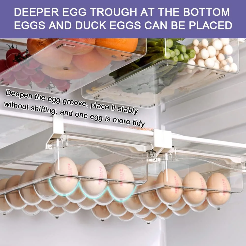 سازمان دهنده تخم مرغ کشویی یخچال NP با فضای ذخیره سازی قابل تنظیم، 2 بسته جعبه های ذخیره سازی کشو یخچال، سطل های سازمان دهنده کشو یخچال کشویی مناسب برای قفسه یخچال زیر 1.5 سانتی متر (مدل 2)