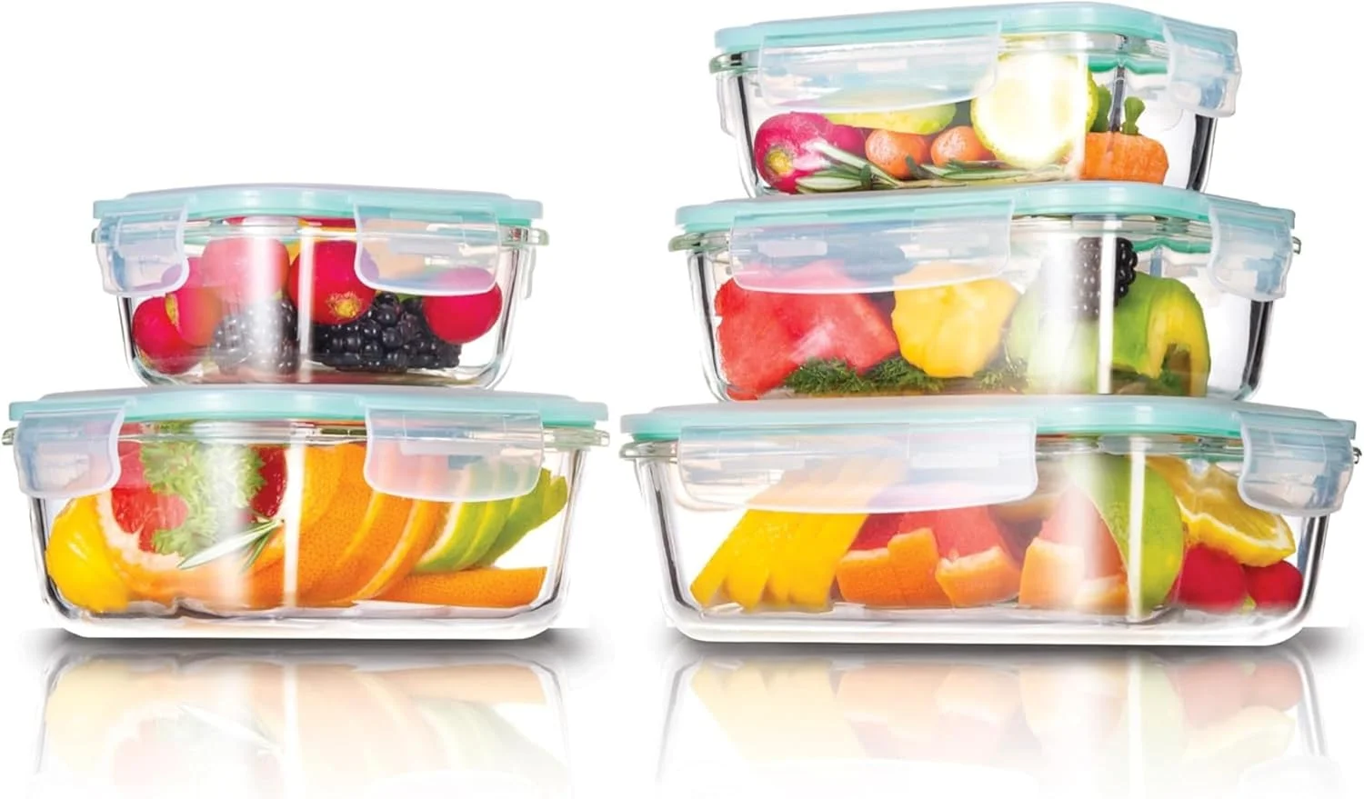 ست ظروف نگهداری غذا 5 تکه شیشه ای وستینگهاوس | مستطیل (370ml، 640ml، 1050ml) + مربع (320ml، 800ml) | درب های شفاف | قابل استفاده در مایکروویو