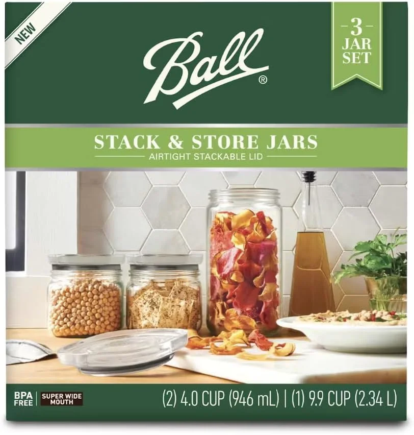 ست 3 تایی شیشه های Ball، شیشه های Stack & Store با درب های قابل چیدن و هوا بند، (2) عدد 4 پیمانه ای و (1) عدد 9.9 پیمانه ای