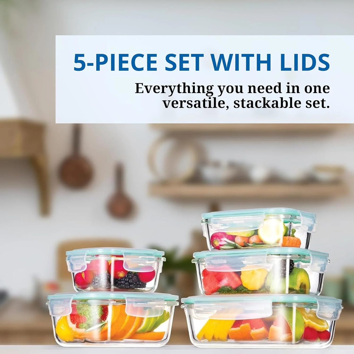 ست ظروف نگهداری غذا 5 تکه شیشه ای وستینگهاوس | مستطیل (370ml، 640ml، 1050ml) + مربع (320ml، 800ml) | درب های شفاف | قابل استفاده در مایکروویو