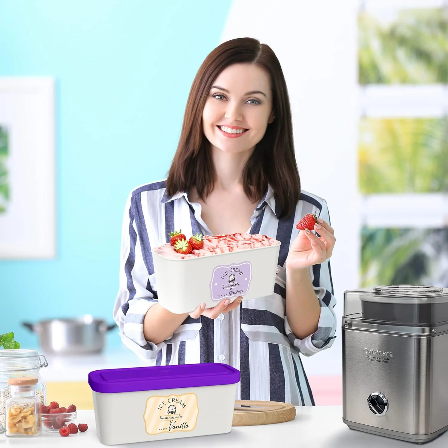 ست 2 عددی ظروف بستنی قابل استفاده مجدد برای بستنی خانگی 1.5 لیتری - ایده آل برای سوربت، ماست یخ زده یا جلاتو - ظروف نگهداری قابل چیدن، برچسب و درب، به راحتی در فریزر نگهداری می شوند