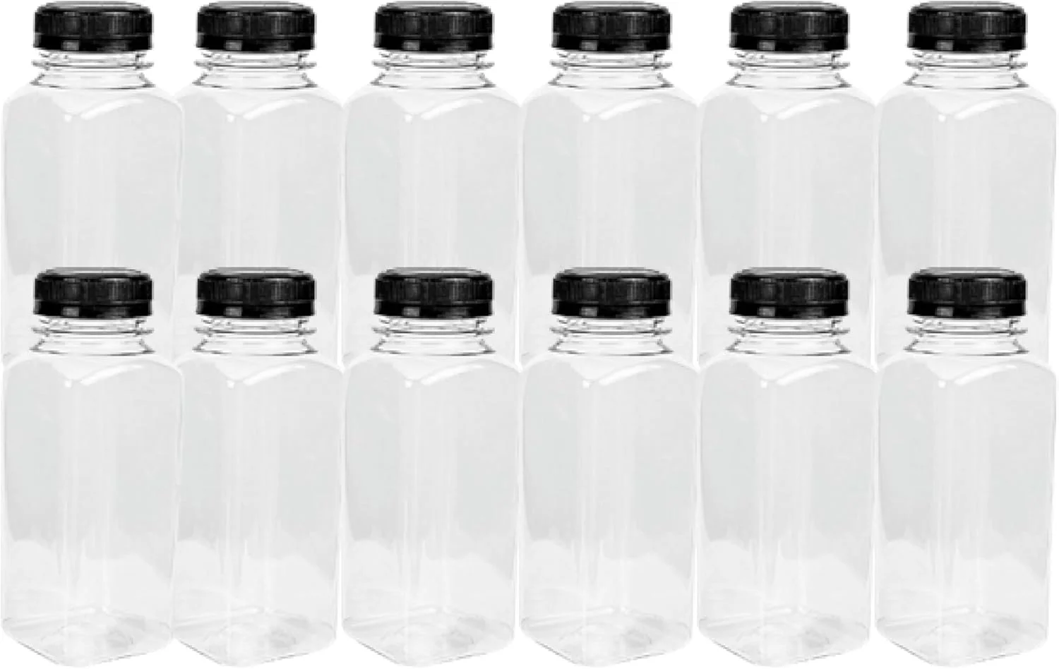 لاویش 12 عدد بطری پلاستیکی خالی قابل استفاده مجدد، مربعی شکل، شفاف 100 میلی لیتر با درب مشکی برای آبمیوه، شیر، آب و موارد دیگر، اندازه 9 × 4 سانتی متر
