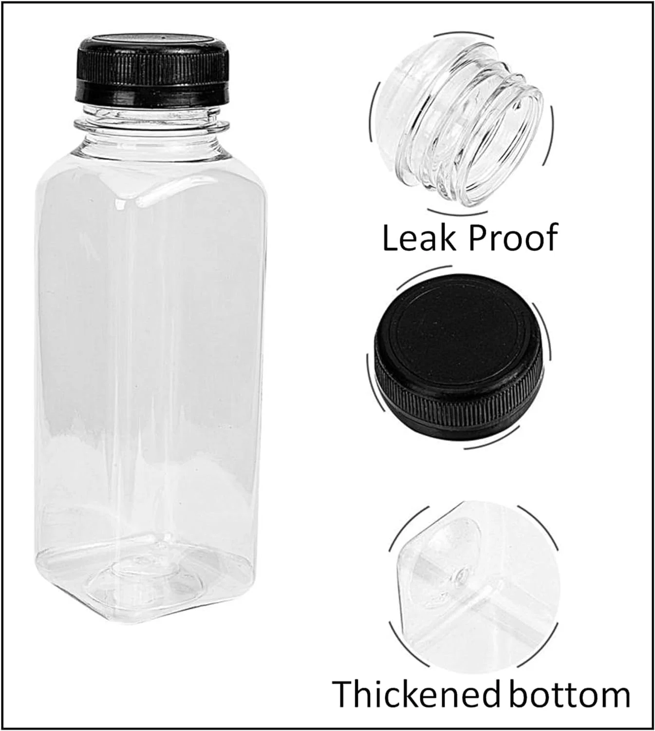 لاویش 12 عدد بطری پلاستیکی خالی قابل استفاده مجدد، مربعی شکل، شفاف 100 میلی لیتر با درب مشکی برای آبمیوه، شیر، آب و موارد دیگر، اندازه 9 × 4 سانتی متر